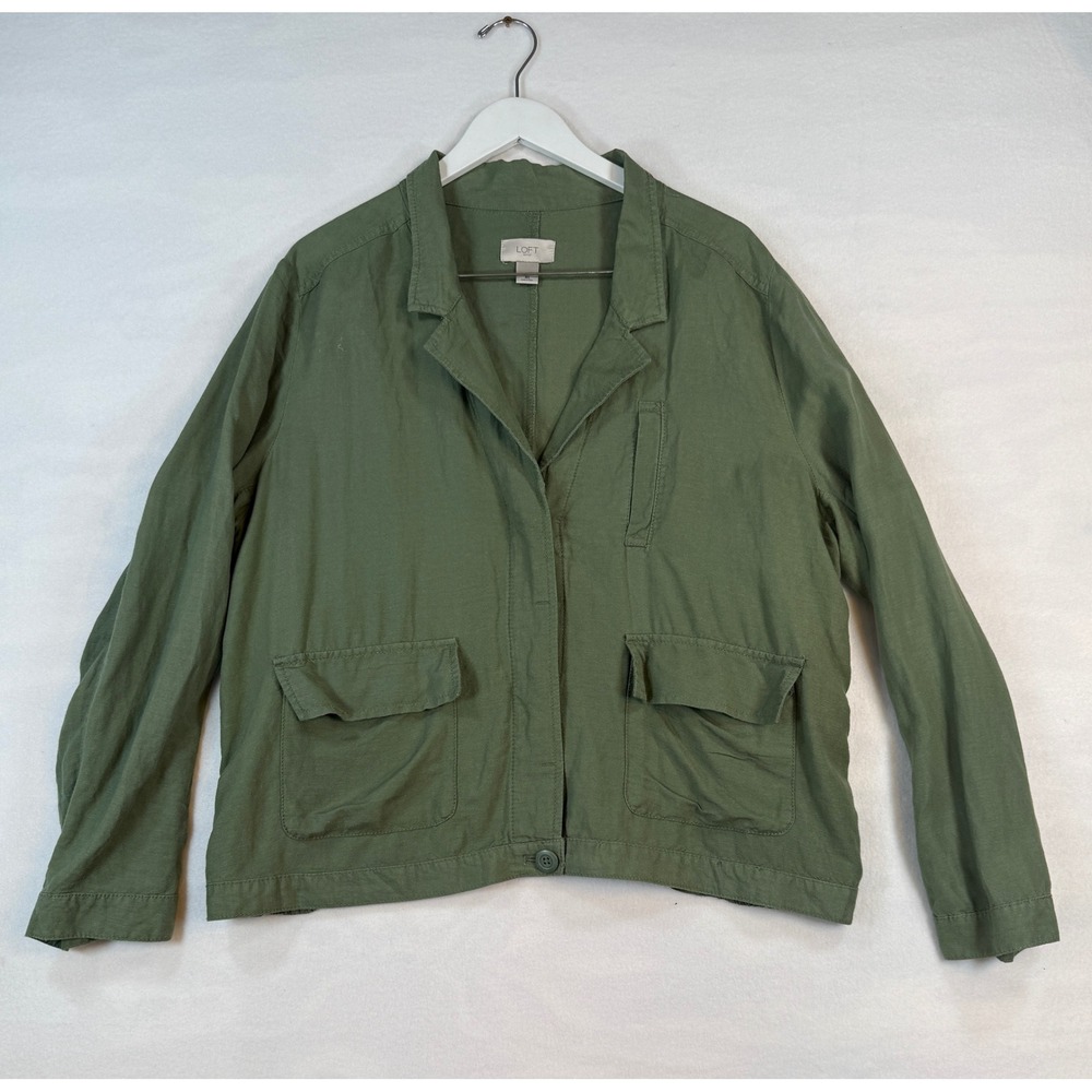 LOFT XL Utility Jacket Olive Green Linen Blend Cargo Pockets